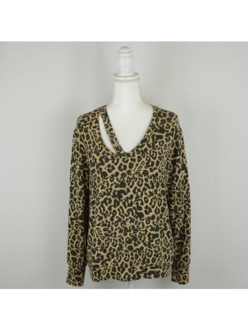 LNA Women's Small Black & Tan Animal Print V-Neck Cutout Tight Knit Sweater